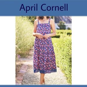 April Cornell Cherry Rose Sundress Pink Floral Blue Crochet Trim Cottage Sz S